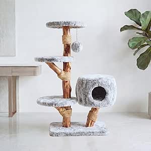 LEO &LEXI Modern Cat Tree Tower with Cave for Indoor Cats, Real Wood Cat Scratching Post with Bed, Solid Wooden Climbing Tower, Aesthetic, Luxury Pet Furniture