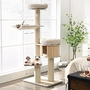 Costway 174cm Solid Wood Cat Tree, 4-Layer Cat Tower W/Sisal Scratching Posts, Cat Condo