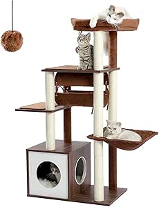 PAWZ Road Cat Tree Cat Scratching Post with a Large Hammock Play Tower, Play Tunnel Wooden Furniture Cat Stand 130cm Brown
