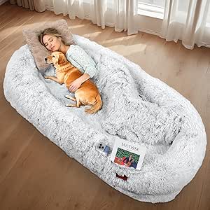Human Dog Bed, 180x110x25 cm Dog Bed for You and Pets, with Memory Foam, Plump Pillow, Blanket, Washable Faux Fur Dog Bed for People Doze Off, Napping Orthopedic Dog Bed - Grey