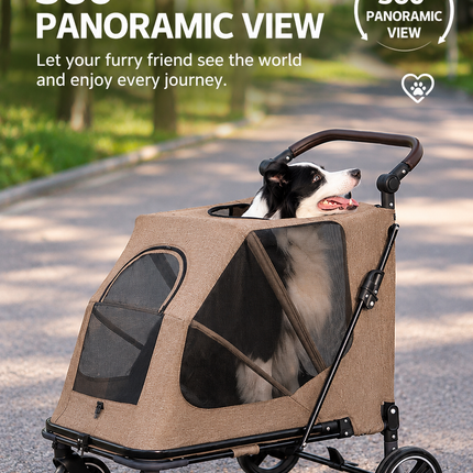 Large Dog Stroller Foldable Pet Pram with Mesh Windows Coffee Brown