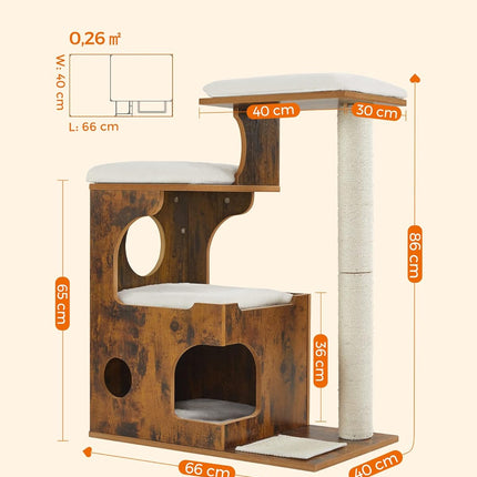 Feandrea Cat Tree, 86 cm Modern Cat Tower with Cat Cave, 3 Perches, Scratching Post and Mat, Removable Washable Plush Cushions, Vintage Brown