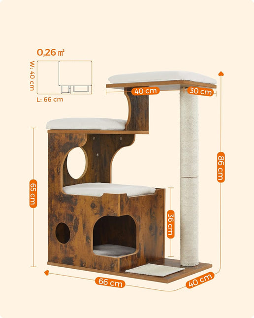 Feandrea Cat Tree, 86 cm Modern Cat Tower with Cat Cave, 3 Perches, Scratching Post and Mat, Removable Washable Plush Cushions, Vintage Brown