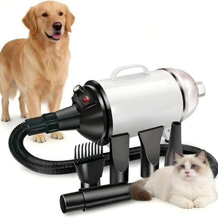 Pet Hair Dryer & Vacuum for Dogs and Cats 2-in-1, Dryer for Dogs Pet Grooming, 2200W High-Speed Blower with Adjustable Temperature, Low Noise, 4 Nozzles & De-Shedding Brush