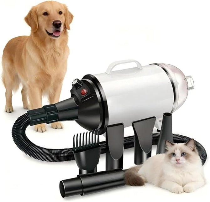 Pet Hair Dryer & Vacuum for Dogs and Cats 2-in-1, Dryer for Dogs Pet Grooming, 2200W High-Speed Blower with Adjustable Temperature, Low Noise, 4 Nozzles & De-Shedding Brush