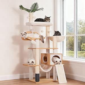 Heybly Wood Cat Tree for Indoor Cats, Cat Condo for Large Cats with Self Groomer,Walnut