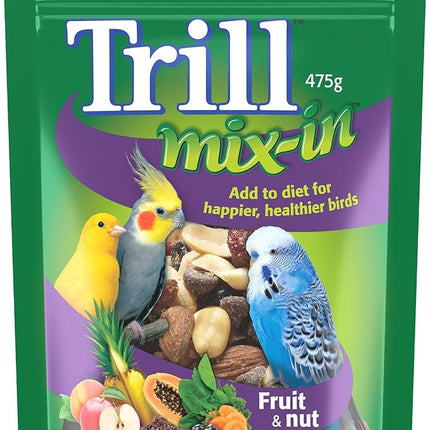 Trill Mix-In Fruit & Nut, 475g – Blend with Bird Food for Extra Nutrition – mix of 5 or more Nutritious Seeds, Grains, Dried Fruit, Vegetables and Herbs including Spinach, Raisins and More
