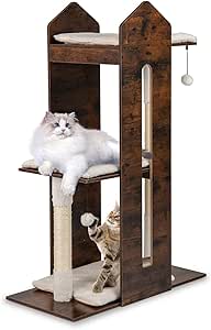 Costway 120 CM Modern Cat Tree for Indoor Cats, Wooden Kitten Tower Cat Condo w/Sisal Scratching Posts, Hanging Balls, Removable Washable Plush Cushions, Perch, Multi-Level Pet Climbing Furniture
