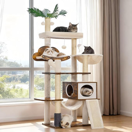 Heybly Wood Cat Tree for Indoor Cats, Cat Condo for Large Cats with Self Groomer,Rustic Brown