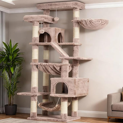 Heybly Cat Tree, 180cm Tall Tower for Indoor Cats with 2 Perches, 2 Big Condos, 2 Hammocks, Basket, Mushroom