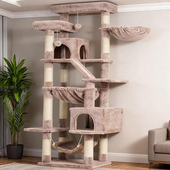 Heybly Cat Tree, 180cm Tall Tower for Indoor Cats with 2 Perches, 2 Big Condos, 2 Hammocks, Basket, Mushroom