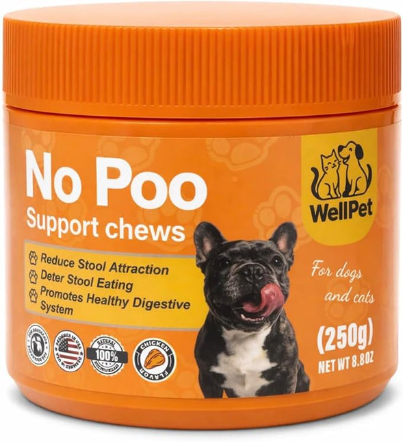 WellPet No Poo Support Chews for Dogs and Cats, Stool Eating Deterrent, with Probiotics and Digestive Enzymes, Chicken Flavour, 250g,100ct