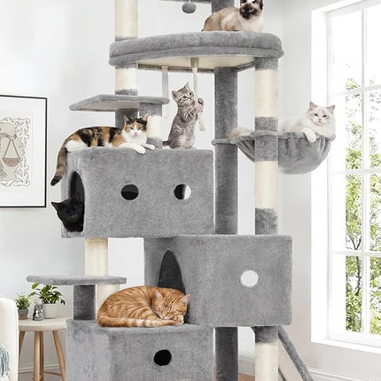 Heybly Cat Tree, 188cm Streamlined Cat Tower for Large Cats with 3-Tier,Light Gray