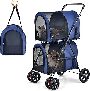 4-in-1 Double Layer Pet Stroller, Foldable Cat Dog double Stroller on Wheels w/ 2 Detachable