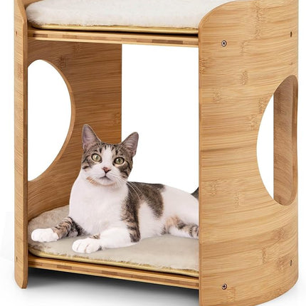 Costway 2-Tier Cat Tower for Indoor Cats, Cute Bamboo Cat Tree w/Double Beds