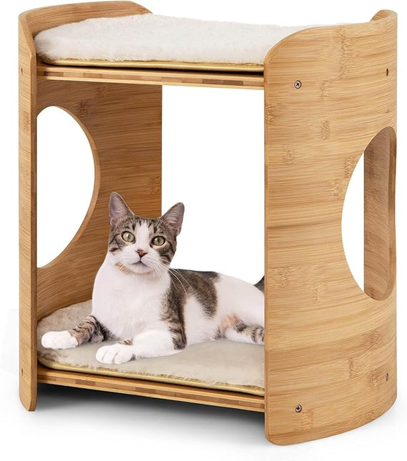 Costway 2-Tier Cat Tower for Indoor Cats, Cute Bamboo Cat Tree w/Double Beds