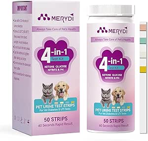 Dog & Cat Urine Test Strips, 4-in-1 Pet Urinalysis Testing Kit for Ketone, Glucose, pH and Nitrite, Reagent Strips for Vet Diabetes & UTI Monitor, 50ct Urine Test Kit Easy to Use at Home