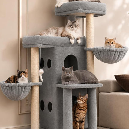 Heybly Cat Tree with Reinforced Big Base, 105cm Sturdy Cat Tower for Indoor Cats, Light Gray
