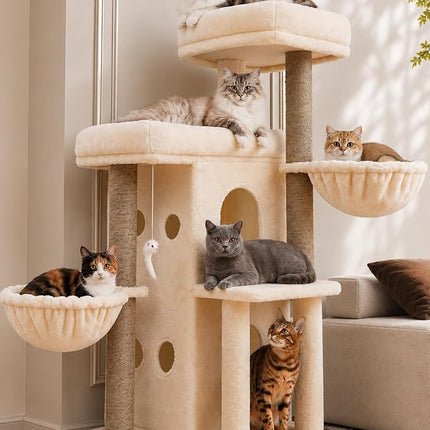 Heybly Cat Tree with Reinforced Big Base, 105cm Sturdy Cat Tower for Indoor Cats, Beige