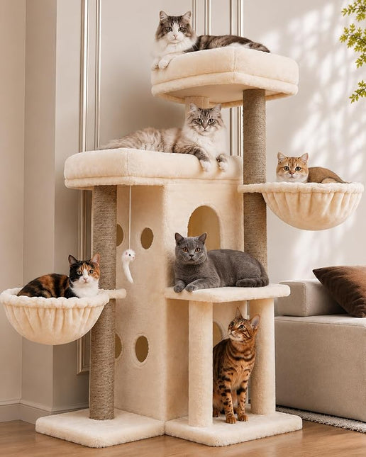 Heybly Cat Tree with Reinforced Big Base, 105cm Sturdy Cat Tower for Indoor Cats, Beige