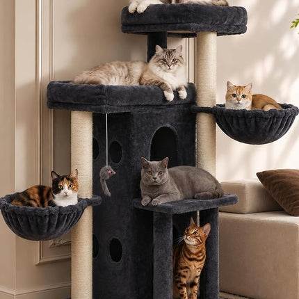 Heybly Cat Tree with Reinforced Big Base, 105cm Sturdy Cat Tower for Indoor Cats ,Smoky Gray