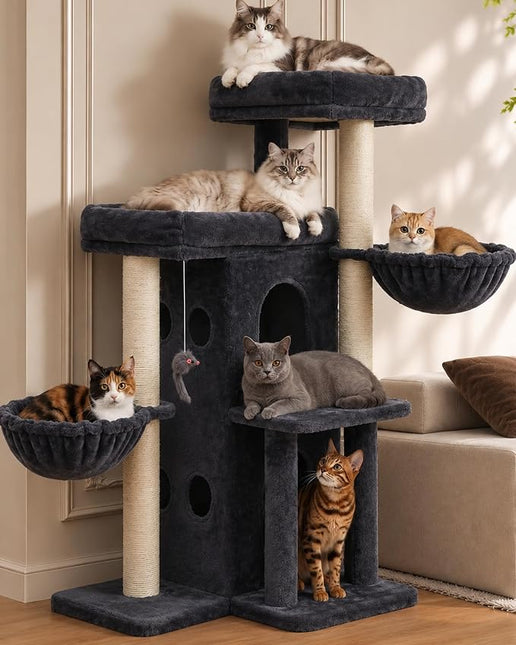 Heybly Cat Tree with Reinforced Big Base, 105cm Sturdy Cat Tower for Indoor Cats ,Smoky Gray