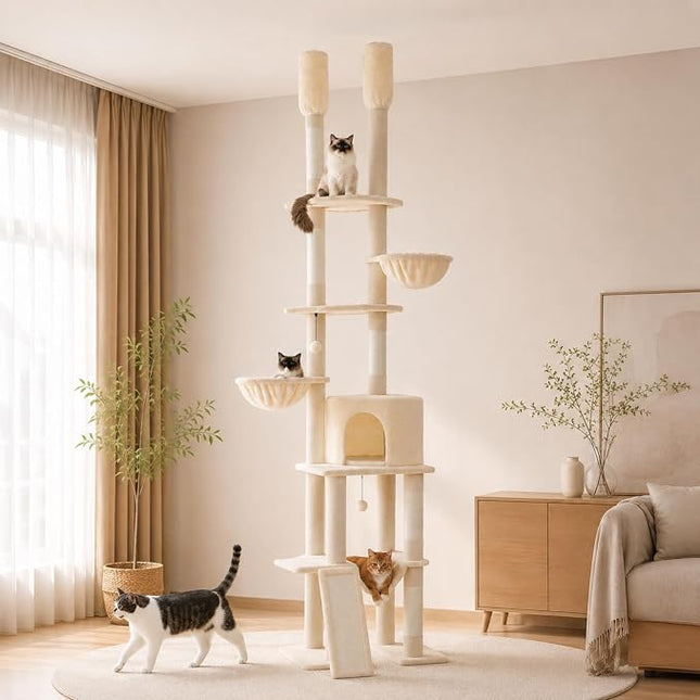 PAWZ Road Floor to Ceiling Cat Tree, 85–112" Tall Cat Tower with Dual Posts
