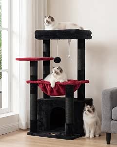 Heybly Cat Tree, Kitten Tower with Large Soft Cat Basket , Black and Red