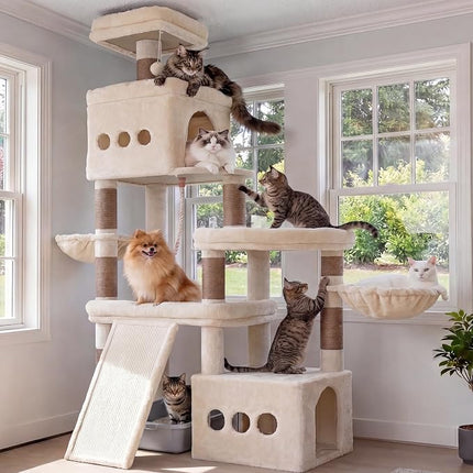 Heybly Cat Tree 72.4-Inch Anti-Tip Cat Tower with Spacious Perches,Extra-Large Sisal Scratching Board, Beige