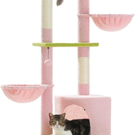 PAWZ Road Pink Cat Tree, Floor to Ceiling Cat Tower with Adjustable Height(85-112 Inches), 7 Tiers Climbing Activity Center with Cozy Hammocks, 5 Platforms and Scratching Posts for Indoor Cats-Pink