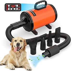 ADVWIN Dog Dryer, Pet Grooming Blow Dryer with LCD Display & Temperature Control, 50-120m/s Adjustable Speed, 4 Different Nozzles, Orange