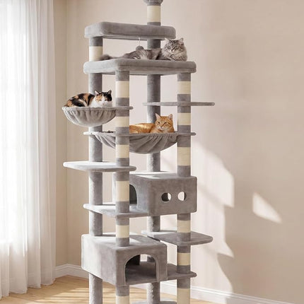 Heybly Floor to Ceiling Cat Tree, Large Cat Tower, 2 Cat Condos,Light Gray