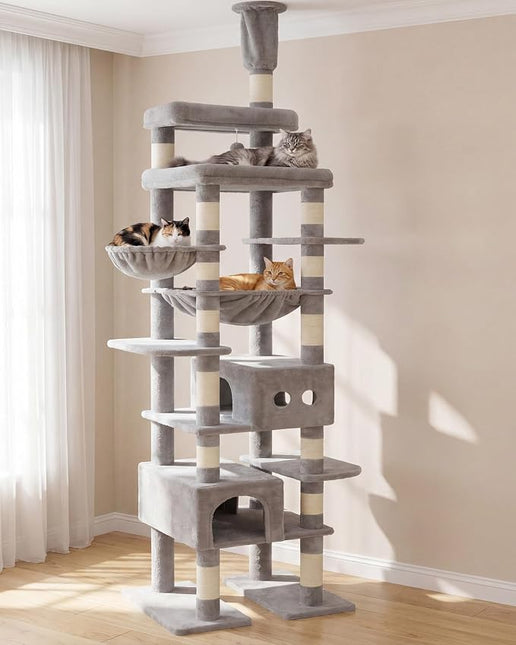 Heybly Floor to Ceiling Cat Tree, Large Cat Tower, 2 Cat Condos,Light Gray