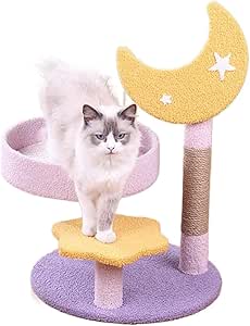 Indoor Cat Tree Tower – Small Kitten Condo with Bed, Built-in Sisal Scratcher, Moon & Star Design, 60cm Climbing Tower for Cats, Purple