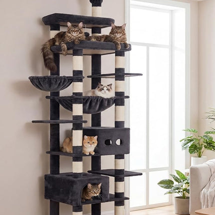Heybly Floor to Ceiling Cat Tree, Large Cat Tower, 2 Cat Condos, Smoky Gray