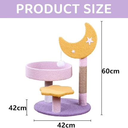 Indoor Cat Tree Tower – Small Kitten Condo with Bed, Built-in Sisal Scratcher, Moon & Star Design, 60cm Climbing Tower for Cats, Purple