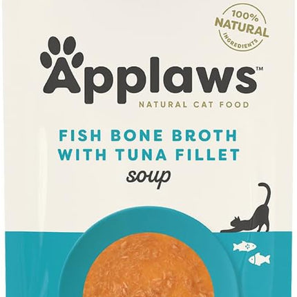 Applaws 100% Natural Wet Cat Treat Fish Bone Broth with Tuna Fillet Soup, Limited Ingredients Pet Food 80g (Pack of 6)
