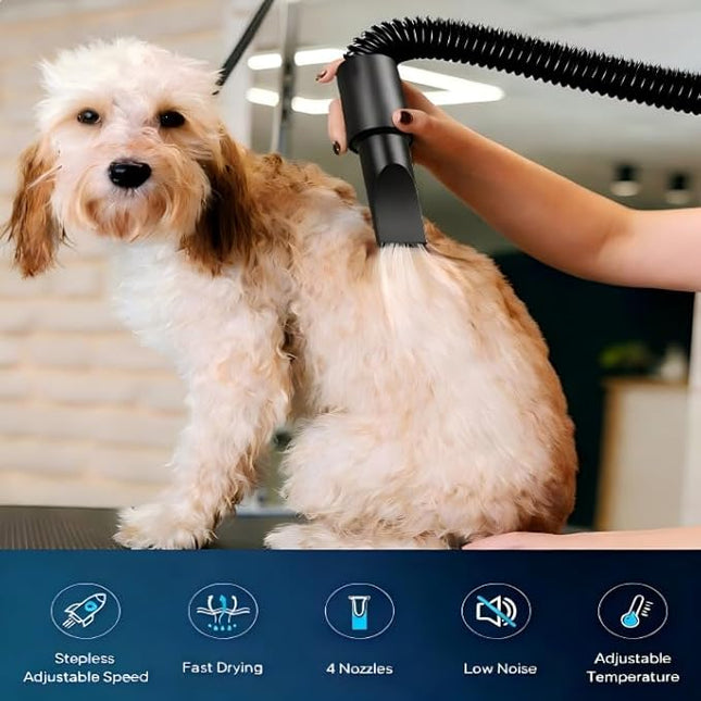 Pet Hair Dryer & Vacuum for Dogs and Cats 2-in-1, Dryer for Dogs Pet Grooming, 2200W High-Speed Blower with Adjustable Temperature, Low Noise, 4 Nozzles & De-Shedding Brush