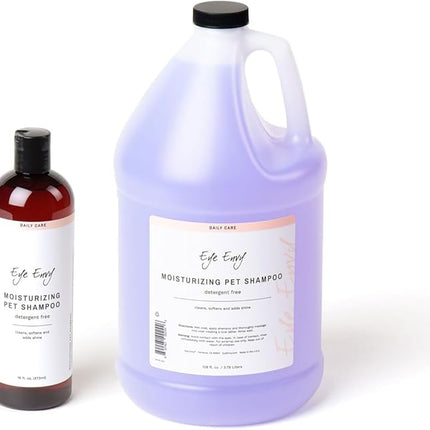 Eye Envy Moisturizing Pet Shampoo. Cleans, softens, adds Shine. Fragrance Free. Detergent Free. Gentle for Everyday use. Glycerin enriched. Safe for Puppies and Kittens. 16oz