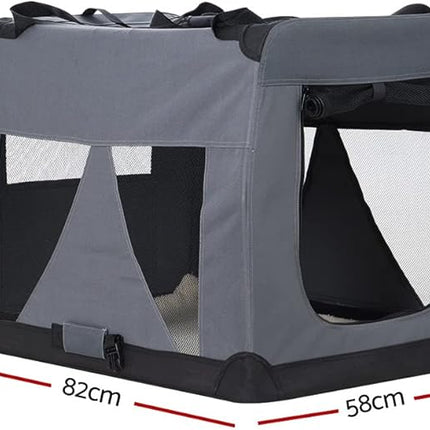 i.Pet Pet Carrier, 82 x 58 x 58cm 600D Oxford Extra Large Dog Crate Cat Carriers Foldable Bag Soft Sided Collapsible Travel Handbag Pets Products, Portable Removable Roof Cover Side Pocket Grey