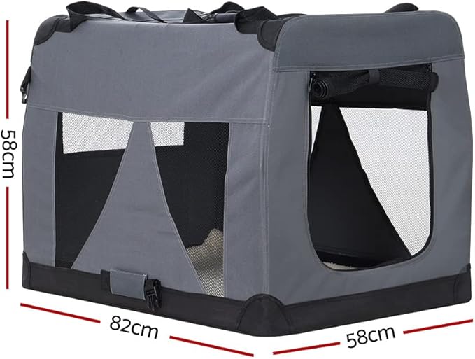 i.Pet Pet Carrier, 82 x 58 x 58cm 600D Oxford Extra Large Dog Crate Cat Carriers Foldable Bag Soft Sided Collapsible Travel Handbag Pets Products, Portable Removable Roof Cover Side Pocket Grey