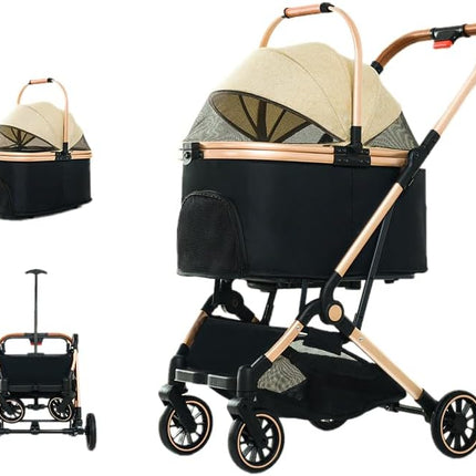 Folding Dog Stroller for Pet Travel – Lightweight 4-Wheel Suspension Pet Pram with Safety Belt, Detachable Carrier & Removable Storage Baske
