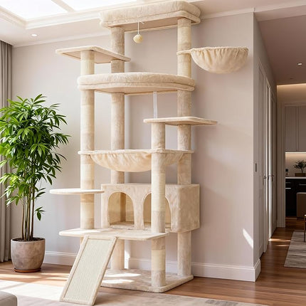 Heybly HCT038M Cat Scratching Post, 202 cm Large Scratching Post with 2 Extra Large Cuddly Platforms, Beige