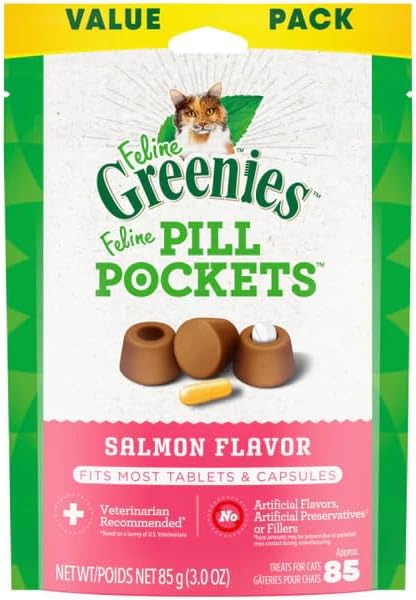 FELINE GREENIES PILL POCKETS for Cats Natural Soft Cat Treats, Salmon Flavor, 3 oz. Pack (85 Treats)