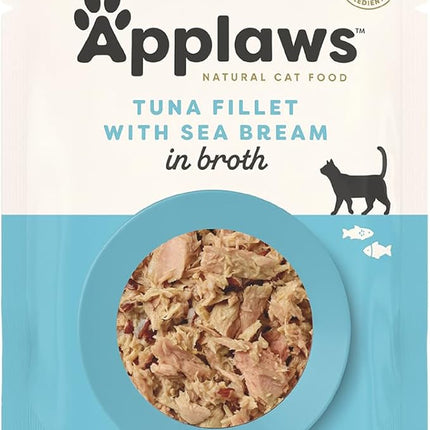 Applaws 100% Natural Wet Cat Food Tuna Fillet with Sea Bream in Broth, Limited Ingredients Pet Food 70g Pouch (Pack of 16)