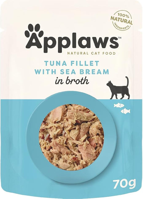 Applaws 100% Natural Wet Cat Food Tuna Fillet with Sea Bream in Broth, Limited Ingredients Pet Food 70g Pouch (Pack of 16)