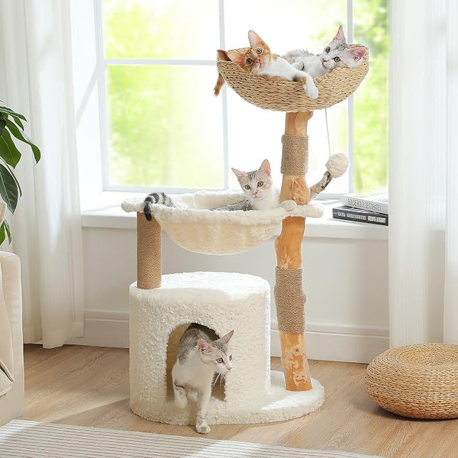 PAWZ Road Modern Cat Tree with Real Wood&Wicker Basket for Large Cats White