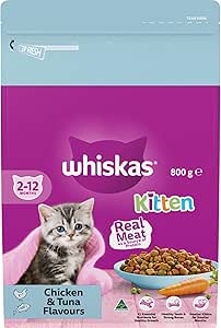 WHISKAS 2-12 Months Kitten Dry Cat Food Chicken & Tuna 800g Bag, 6 Pack