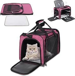 Large Cat Carrier Airline Approved, Soft-Sided Pet Travel Bag with Breathable Mesh, Foldable Dog Carrier for Cats and Small Dogs, Grey, 45x30x30cm (Pink)