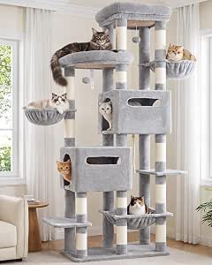 Heybly Cat Tree, 74.8-Inch Spacious & Tall Cat Tower for Large Cats,2 Cat Condos, Hanging Hammock, Light Gray